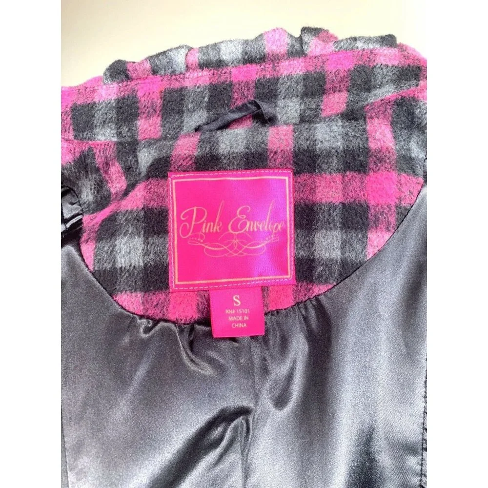 Pink Envelope Women’s Peacoat Hooded Plaid Double Breasted Look Jacket Small - Picture 9 of 11